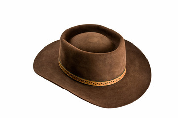 Brown cowboy hat isolated.Vintage American western style felt hat.Rodeo festival cowboy hat.