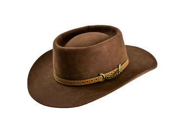 Brown cowboy hat isolated.Vintage American western style felt hat.Rodeo festival cowboy hat.