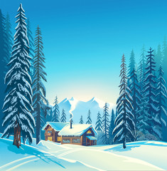 Winter forest landscape and houses, possible shelter for tourists, tourist base. Raster illustration.