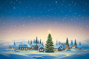 Winter festive landscape with village and Christmas trees. Raster illustration.