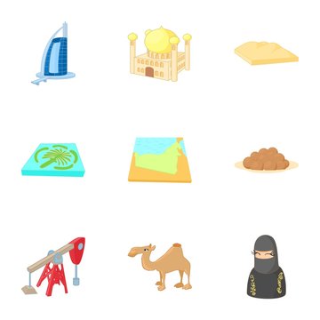 UAE country icons set. Cartoon illustration of 9 UAE country vector icons for web
