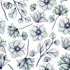 Watercolor Green and Grey Flowers Seamless Pattern