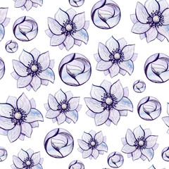 Watercolor Romantic Light Blue Flowers Seamless Pattern