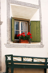 Typical window in the Guarda Village, Swiss Alps. Scuol, Engadine, Switzerland