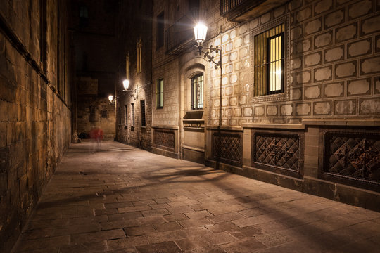 Street in Gothic Quarter of Barcelona at Night