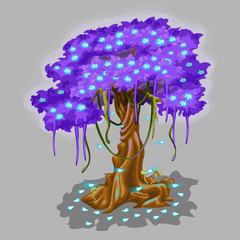 Tree with violet foliage and blue falling leaves