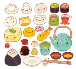 Collection of lovely baby japanese oriental food doodle icon, cu