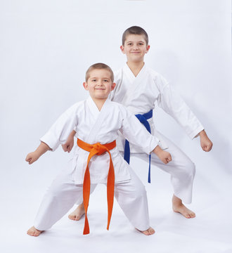 Two brothers are in the rack karate on a light background