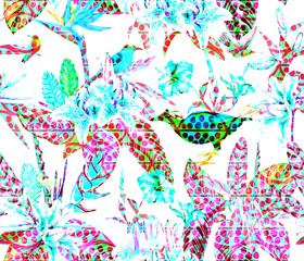 Seamless tropical floral pattern. Hand painted watercolor exotic plants and birds, on tribal geometric background, candy hues. Textile design.