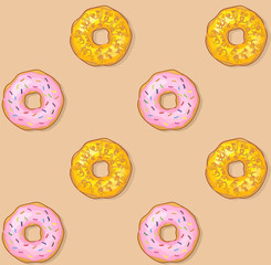 Seamless pattern. Donut with glazed sprinkles and frosting cream isolated on white background. Sweet tasty icing sugar doughnut. Donuts bakery cake vector icon illustration