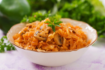 Braised stewed cabbage with mushrooms in tomato sauce
