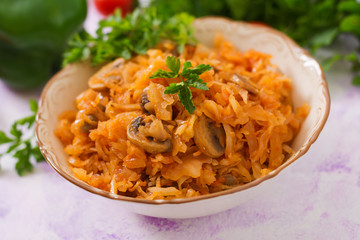 Braised stewed cabbage with mushrooms in tomato sauce