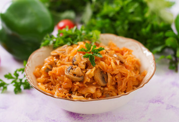 Braised stewed cabbage with mushrooms in tomato sauce