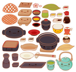 Collection set of lovely japanese kitchen ware doodle icon, cute