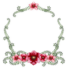 Wreath with Watercolor Bright Red Flowers and Light Green Vine