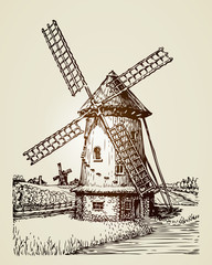 Windmill, mill or bakery. Vintage hand drawn illustration