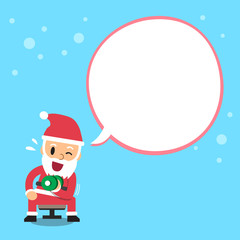 Cartoon santa claus doing dumbbell exercise with white speech bubble