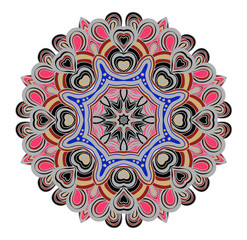 Round symmetrical pattern in pink, yellow, blue and black colors. Mandala. Kaleidoscopic design. Sacred geometry. Cinco de mayo. Ethnic background.
