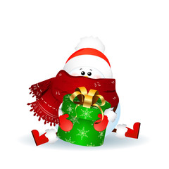 Cute snowman with scarf, red santa claus hat and holding a gift box isolated on white background. Vector illustration