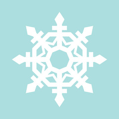 Flat snowflake icon, white on blue background