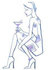 Evening cocktail, Young women in fashion dress have evening cocktail  on a white background