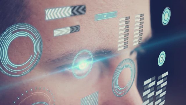 Digital animation of Eye looking at futuristic interface showing elements