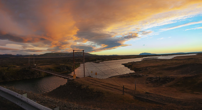 Old sheep bridge and river in Iceland during sunset ( hdr photo )