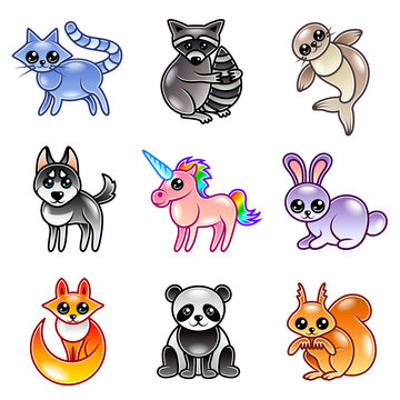 Cute cartoon animals icons vector set