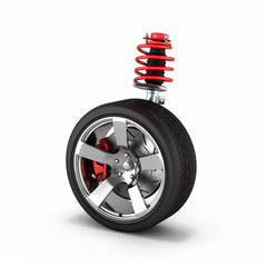 suspension of the car with wheel perspective view on white backg