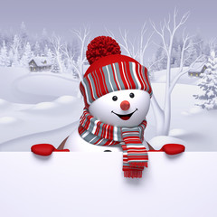 3d snowman, winter forest landscape, Christmas Holiday background, festive greeting card, blank banner