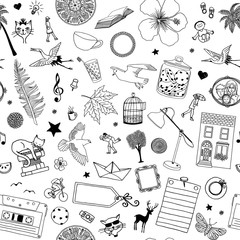Seamless black and white pattern of random hand drawn items