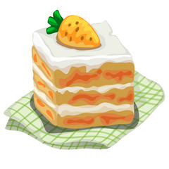 Piece of delicious cake with carrot on top