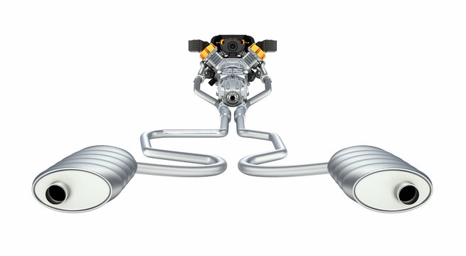 Exhaust pipes system with engine back view without shadow on whi