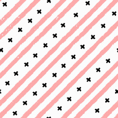 Fototapeta premium Hand drawn seamless pattern in pink and black on white background.