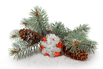 Vintage Christmas tree decoration and cones on a white backgroun