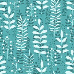 Floral blue, green, white seamless pattern with branches and leaves. Vector illustration.