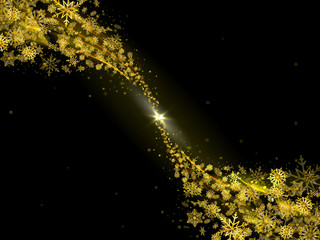 Black abstract background with Golden swirl of snowflakes flying in the glowing center. Christmas background with gold magic star dust. Black abstract background with flying Golden snowflakes.