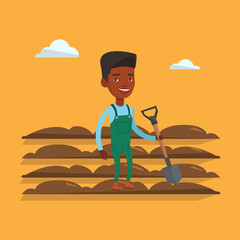 Farmer with shovel at field vector illustration.