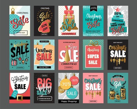 Big set of creative sale holiday website banner templates. Christmas and New Year hand drawn illustrations.