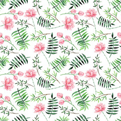 Watercolor Seamless Pattern with Hand Drawn Flowers and Ferns