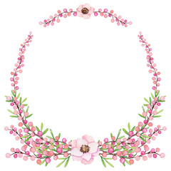 Wreath with Watercolor Little Gentle Berries and Pink Flower