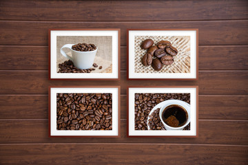 Collage of frames with coffee motif posters on wooden panels wall, interior decoration mock up