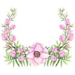 Wreath with Watercolor Pink Flowers and Green Ferns