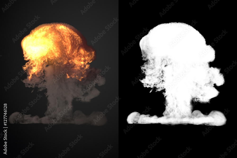 Poster large explosion with black smoke in dark 3d rendering