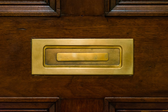 Brown Wooden Door Closed Mailslot Golden Metal Closeup Texture P