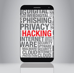 Hacking word cloud on mobile phone screen vector concept