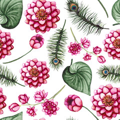 Watercolor Flowers and Peacock Feathers Seamless Pattern