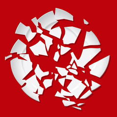 Vector broken plate. White destroyed plate on red background
