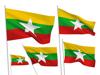 Burma (Myanmar) vector flags. A set of 5 wavy 3D flags created using gradient meshes