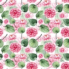 Tuinposter Watercolor Pink Water Lily and Green Leaves Seamless Pattern © Nebula Cordata
